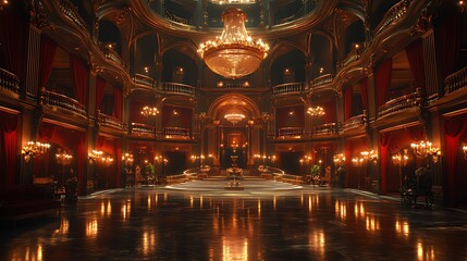 Grand Ballroom, opulent interior, event, chandeliers, guests,  reflection, dance floor, night