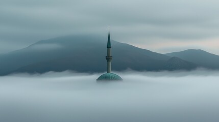Fototapeta premium A mosque's minaret rises above a sea of fog with mountains in the background.