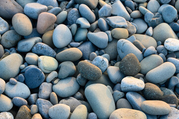 Colorful pebbles scattered along a serene beach at golden hour