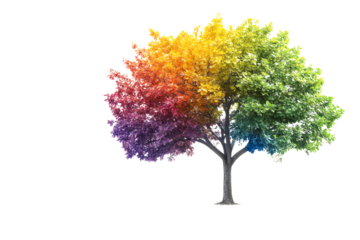 A vibrant tree showcasing a stunning gradient of colors ranging from green to purple, symbolizing diversity and harmony in nature.