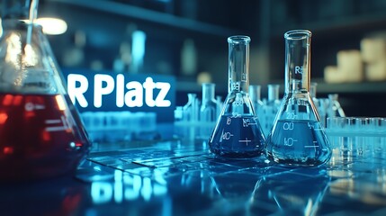 A blue background with the periodic table of elements