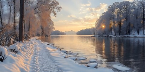 Obraz premium Snowy winter path along frozen lake at sunrise.