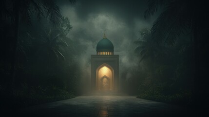 Fototapeta premium A mystical structure emerges through misty palms, illuminated in a serene atmosphere.