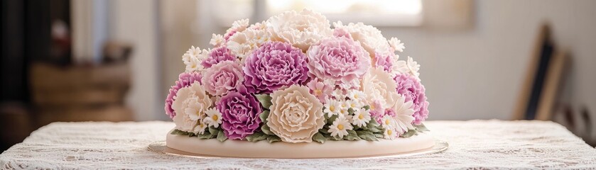 Obraz premium A beautifully crafted cake adorned with floral designs in shades of pink and cream.