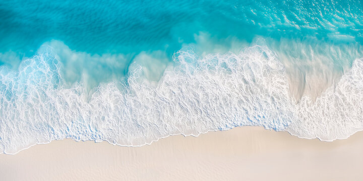 Sea background top view. Waves. Golden sandy shore. Ocean coastline. Blue lagoon. Deserted beach. Clear water surface. - Powered by Adobe
