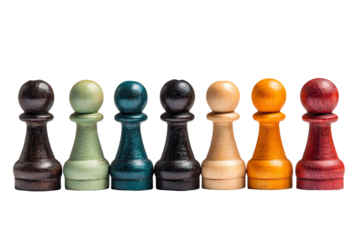 Colorful wooden game pieces arranged in a row, showcasing various hues. Perfect for board game enthusiasts and artists seeking vibrant inspiriation.