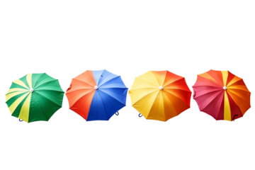 Colorful umbrellas arranged in a row, showcasing vibrant hues of green, blue, yellow, and orange. Perfect for summer themes and cheerful settings.