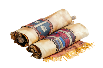 Two ancient scrolls with intricate designs and fringes, representing historical and cultural significance in religious practices.