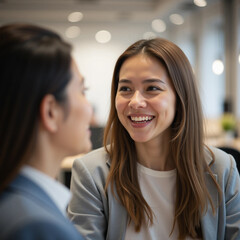 Smiling young business woman listening her partner on coworking space
