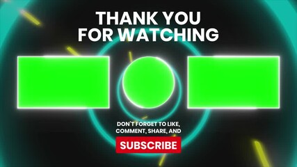 Dynamic neon end screen animation with customizable green screen placeholders for your logo, social media handles or outro message.  Perfect for YouTube, Twitch, or other video platforms.