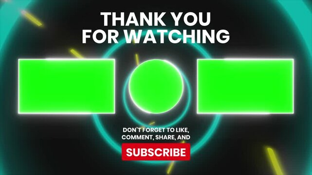 Dynamic neon end screen animation with customizable green screen placeholders for your logo, social media handles or outro message.  Perfect for YouTube, Twitch, or other video platforms.
