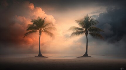 Obraz premium A serene beach scene with two palm trees against a dramatic sky at sunset.