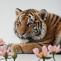 Obraz premium A charming tiger cub resting near a blooming flower on a white background.