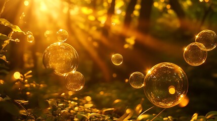 A tranquil forest scene with glowing bubbles floating in the golden sunlight