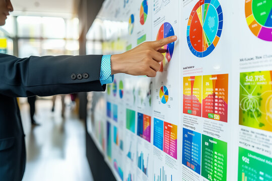 Businessman pointing at colorful data charts on a display board in a modern office setting