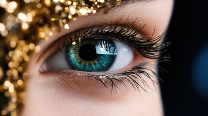 Fototapeta premium Close-up view of a vibrant blue eye adorned with sparkling gold accents reflecting intricate beauty and allure