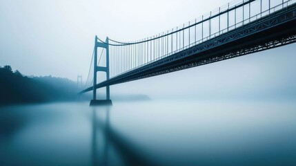 Misty Bridge Serenity: A Long Exposure of a Suspension Bridge on a Foggy Morning