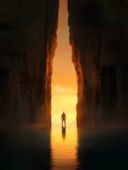 Fototapeta premium Lone Adventurer Exploring Dramatic Sea Cliffs in Tranquil Solitude