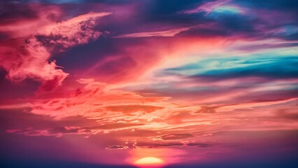 Fototapeta premium Colorful wallpaper purple orange blue pink sunset sky cloud. Dramatic sunset sky background. Sun Sets Over Horizon. Amazing Coral Pink Red Summer Cloud at Sunset. Beautiful Relax