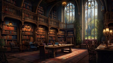 Obraz premium A photo of an oil painting of a quiet library