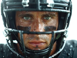 Man wearing a football helmet with a green eye