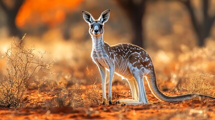 Young kangaroo standing on an autumn leaf-covered ground in a forest setting
