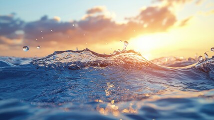 A serene ocean wave glistens under a vibrant sunset sky.