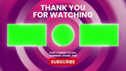 Vibrant animated end screen with green screen placeholders for customizable text and logos. Perfect for YouTube, social media, and more. Includes subscribe call to action.