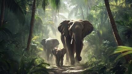 Fototapeta premium Elephant family walking on jungle path.