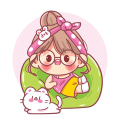 Cute girl sleeping on a sofa with a little cat lying beside her cartoon character