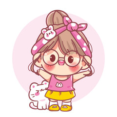 Cute girl standing with both hands raised and a little cat beside her cartoon character
