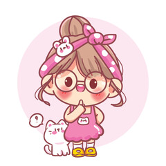 Cute girl standing and thinking deeply with a little cat beside her cartoon character