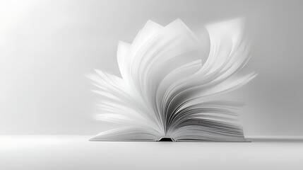 Open book, pages swirling, white background, knowledge concept, education