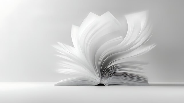 Open book, pages swirling, white background, knowledge concept, education