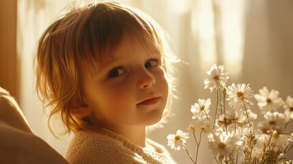 Fototapeta premium A morning kids portrait featuring a playful child holding flowers, with gentle light creating a dreamy and tender atmosphere