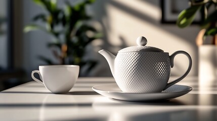 Serene Morning Tea: White Teapot and Cup Basking in Sunlight