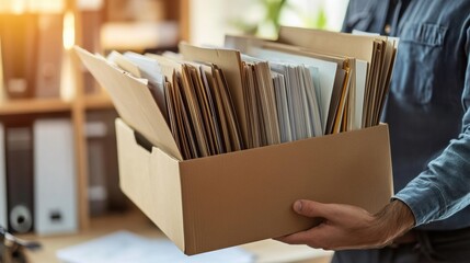 A professional interaction with a man holding a cardboard box of files, framed by bright lighting and an organized workplace