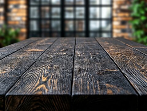 A wooden table sitting in front of a brick building
