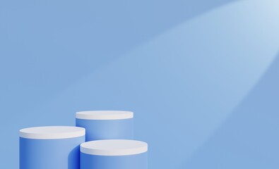 Blue and white podium, blue background With neon lights for advertising products, cosmetics, fashion, perfume, spa, beauty, 3D renderings.