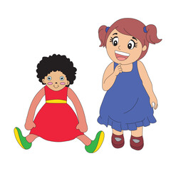 Baby Girl with Her Doll, Thinking About Playtime Sweet Childhood Vector Illustration.