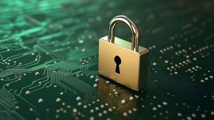 Digital security, padlock on circuit board symbolizing data protection and encryption