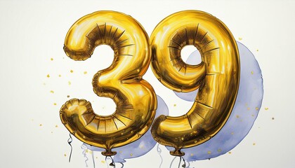 Obraz premium Gold birthday / anniversary party balloon, number 39, watercolor painting with white background