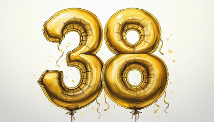 Obraz premium Gold birthday / anniversary party balloon, number 38, watercolor painting with white background