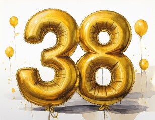 Obraz premium Gold birthday / anniversary party balloon, number 38, watercolor painting with white background