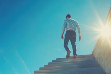 Businessman Climbing Stairs Towards Success and Ambition