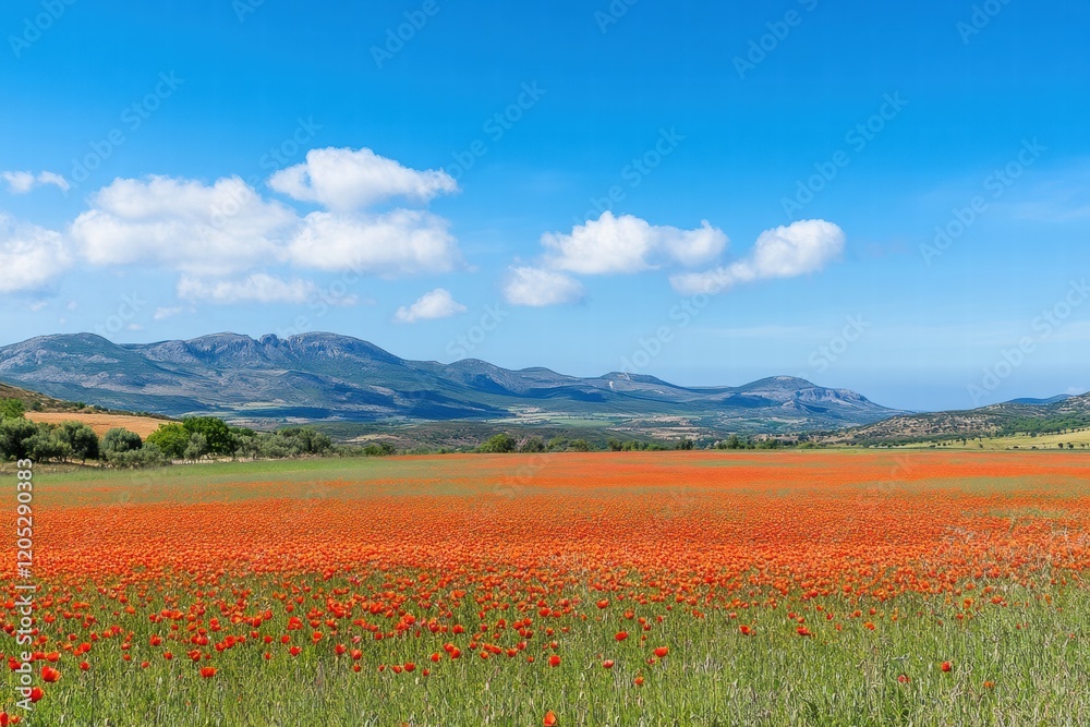 Poster Vibrant poppy field under a clear blue sky with distant mountains and lush greenery in the background during the day. Generative AI