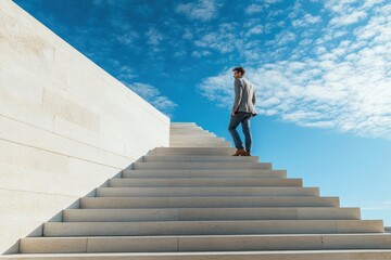 Businessman Climbing Stairs Towards Success and Ambition