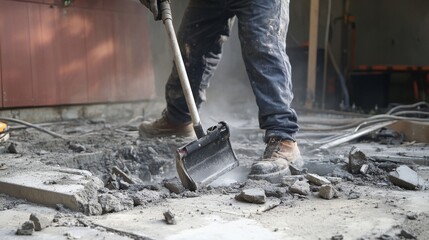 A construction worker using a jackhammer to break up concrete for a foundation repair, Concrete breaking scene, Foundation restoration style