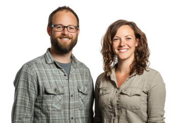 A cheerful couple stands together, showcasing joy and connection. They wear casual clothing and smile warmly, embodying friendship and happiness.,Isolated on transparent background
