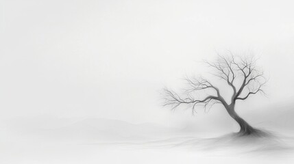 Fototapeta premium A solitary, bare tree stands against a foggy, minimalistic landscape, evoking solitude and reflection.